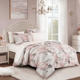 TRP 7-Piece Microfiber Bed in a Bag Fluffy Comforter Set Queen Size | Modern Contemporary Style Abstract Pattern Pink Grey White Pretty Colors | Machine Washable Super Soft Cute Bedding