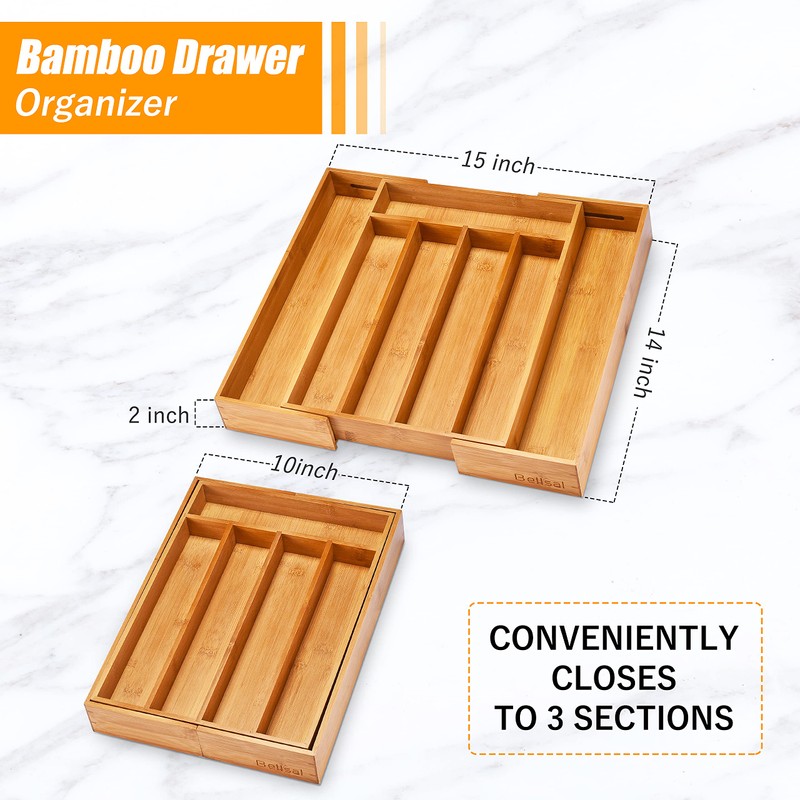 Bellsal Silverware Organizer Kitchen Drawer Organizer Expandable Bamboo Utensil Holder