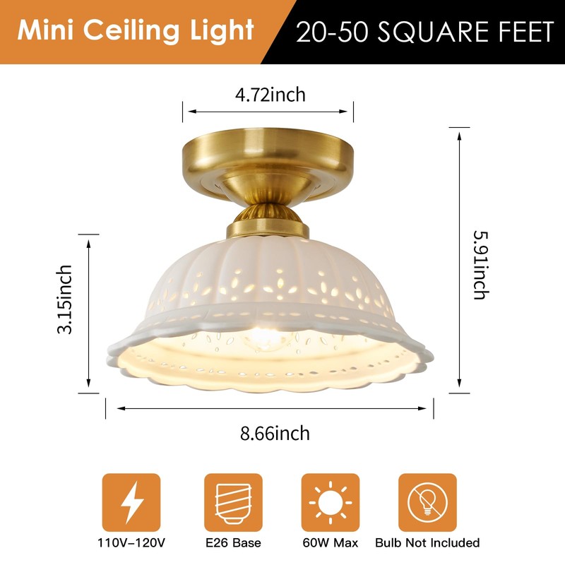 Vintage Ceramic Semi Flush Mount Ceiling Light - 2 Pack,