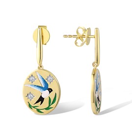 Santuzza Sterling Silver Enamel Swallow Drop Earrings Cubic Zirconia Blue Bird Stud Earrings for Women