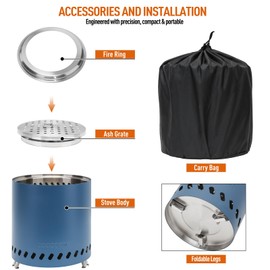 COOZOOM Portable Table Top Fire Pit with Stand, 8.6" Stainless Steel Mini Outdoor Low Smoke Burning Tabletop Firepit Fueled by Pellets or Wood, for Outside Camping Blue