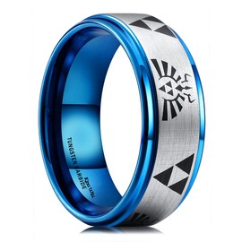 King Will 8mm Mens Black Tungsten Carbide Wedding Ring Triforce Ring Matte Finished Blue Plated Stepped Beveled Edges 7