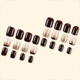 Press on Nails Medium Square False Nails Brown French Fake Nails Artificial Acrylic Nails Gold Foil Design Artificial Nails Full Cover Glossy Reusable Coffin Nails Glue on Nails for Women 24Pcs