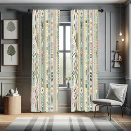 Ambesonne Bohemian Curtains, Pastel Colored Botanical Motif with Flowers and Stripes Spring Art, Window Treatments 2 Panel Set for Living Room Bedroom, Pair of - 28" x 84", Pale Teal Mustard and Rose