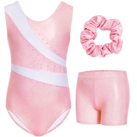 Gogokids Girls Three-Piece Gymnastics Set with Shorts, Kids Gymnastics Sleeveless Leotard with Gem Stones, Girls' Sparkling Gymnastics Outfit with Color Block Design Athletic Dancewear for Ages 9-10