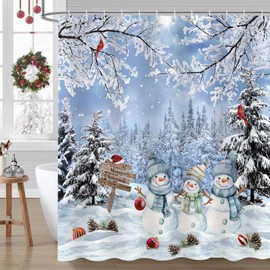 Cortina de ducha de invierno de Navidad, muñeco de nieve azul, juego de cortina de ducha de día festivo, bonita cortina de baño de tela de poliéster impermeable con ganchos, 72 x 72 pulgadas