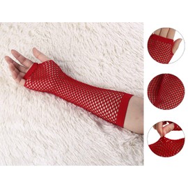 sourcing map Damen Fingerlose Mesh 1980er Kostümparty Kostümzubehör Netzhandschuhe 2 Paar rot Long-2 Pairs