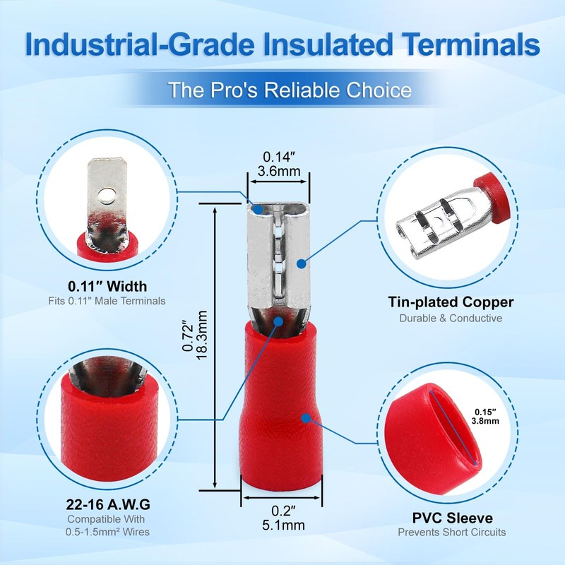 Baomain 0.11" Female & Male Spade Connectors 22-16 AWG Insulated