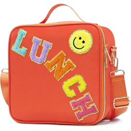 IDAHSOR Insulated Lunch Bag Women Lunch Box Kids for Teen Girls Boys, Cute Preppy Lunch Boxes with Adjustable Shoulder Strap, Waterproof Nylon Lunchbox Lunch Bags for School Work Picnic (Orange)