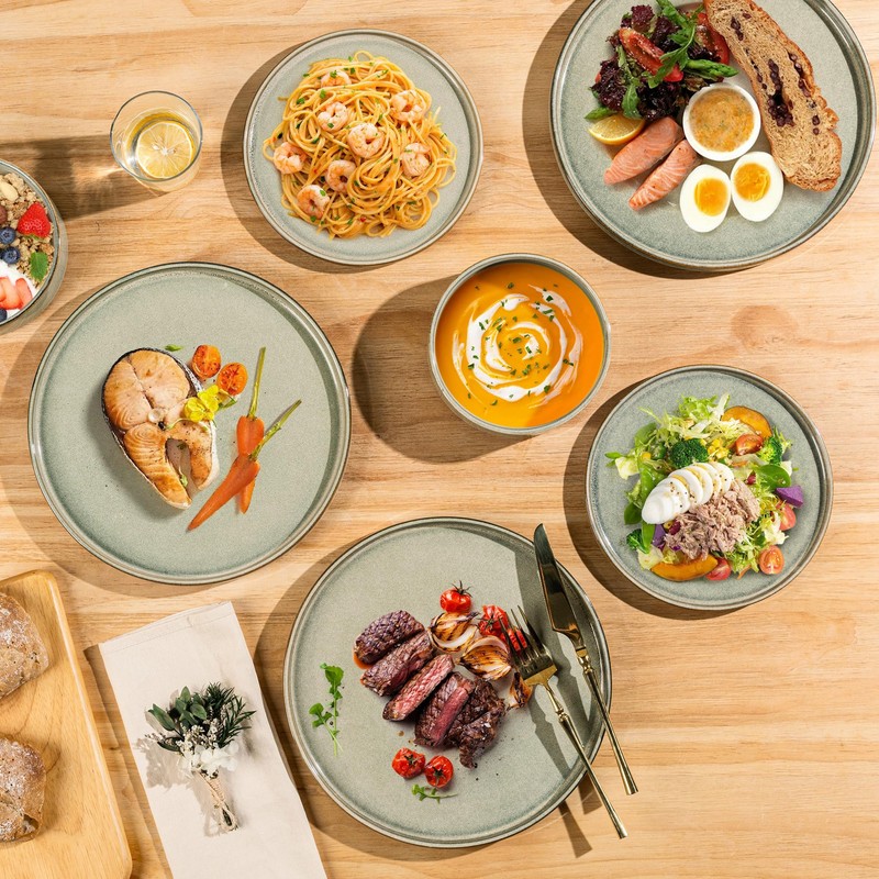 AmorArc Ceramic Dinnerware Sets, Handmade Reactive Glaze Stoneware Plates and