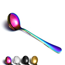 Berglander Rainbow Soup Spoons of 6, Stainless Steel Round Spoon Cutlery, Classic Colourful Shiny Soup Spoon, Table Spoon Set, Dishwasher Safe
