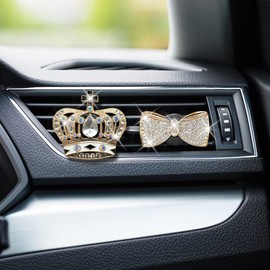 2PCS Bling Bow & Crown Car Dashboard Air Vent Trim Clips, Crystal Rhinestone Car Air Fresheners Outlet Clip, Car Interior Diffuser Decoration Charm Accessories for Women (Gold crown/bow)