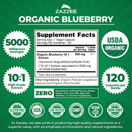 Zazzee USDA Organic Blueberry 10:1 Extract, 5000 mg Strength, 120 Vegan Capsules, 4 Month Supply, Concentrated and Standardized 10X Whole Fruit Extract, 100% Vegetarian, Non-GMO, Made in The USA