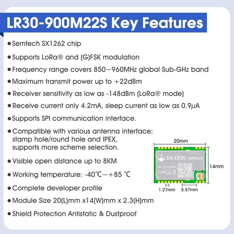 PDDAXLQUE SX1262 LoRa Module Developer Set DX-LR30 850~930MHz 868/915Mhz 22dBm