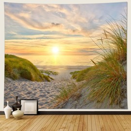 Musihy Beach Tapestry Wall Hanging, 150 x 130 cm, Sea Beach and Sunset Landscape Tapestries for Living Room, Home Decor, Yellow/Green, Beige