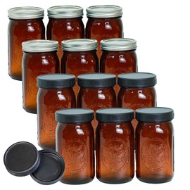 12 Pack 32 oz Amber Mason Jars, Wide Mouth Mason Jars with Lids and Bands and 12 Black Plastic Mason Jar Lids, Canning Jars Used for Canning, Pickling, Juice, Jam, Jelly