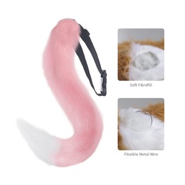 Ravakeny Tail and Ears Set, Long Fox Tail Cosplay Faux Fur Furry Fox Wolf Tail Kit with Ears and Bells Collar for Kids, Girls, Boys, Teen, Women, Children, Party (Pink)