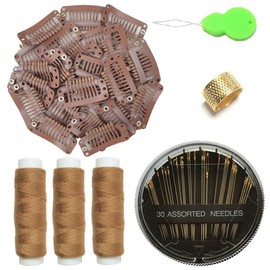 Esffaci 9 Teeth Snap Comb Clip ins for Hair Extensions Metal Wig Clips with Soft Rubber Hair Weave Thread Needle Kit with Threader Thimble,Light Brown