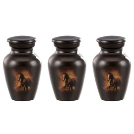 Forever URNS Mini Cremation Funeral Urn with Printed Running Horse Theme for Human Ashes of Female & Male | 3 cu in | Set of 3 | Small | Dark Brown | Completely Handcrafted with Velvet Protection Box
