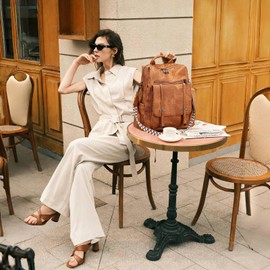 Leathario Women's Waterproof Vegan Leather City Backpack, Backpack Handbag Medium Size, Theft Daypack for Office, Commuting, Work, Lightweight Elegant Backpack Women Large for Travel, Light Brown Set