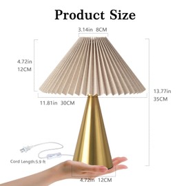 Gold Small Table Lamp, Cute Table Lamp, Pleated Table Lamp,Brass Gold Bedroom Lamps for Nightstand, Small Scalloped Rattan Shade Table Lamps for Small Spaces for Bedroom,Living Room
