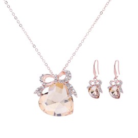Red Heart Shaped Crystal Necklace Earrings Set for Women Rose Gold Gemstone Love Heart Bowknot Pendant Necklace Sparkly Rhinestone Bow Dangle Earrings for Wedding Bridal Gift (blue)