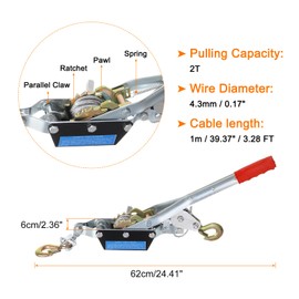 MECCANIXITY Come Along Winch,2 Ton Winch,Hand Cable Puller with 2 Hooks 1m/3.28FT Hand Power Cable Puller for Landscaping, Construction, Farm Work,Tight Line, Lifting, Freight Red