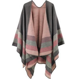 Womens Reversible Oversized Poncho Cape Blanket Shawl Cardigans (One Size, Stripe/Gray)
