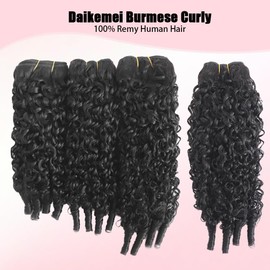 Daikemei Burmese Curly Bundles Human Hair 16 18 20 Inches 3C4A Water Wave Quick Weave with Spiral Curly End 100% Unprocessed Kinky Curly Human Bundles in Hair Extensions Natural Black