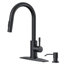FORIOUS Kitchen Faucet with Soap Dispenser, Black Kitchen Faucet with Pull Down Sprayer, Stainless Steel Modern Kitchen Sink Faucet Matte Black High Arc with Sing Handle and Deck for 1 or 3 Hole