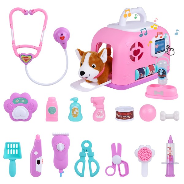 Gifts2U Vet Toy Pet Care Kit Suitcase with Electronic Doorbell and Barking,Doctor Role Play Toy Educate Children Take Care Pet Dog for Kid 3 4 5 6 7 Years Old