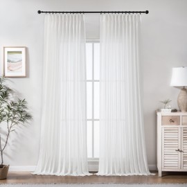 WEST LAKE 90 Inches Length White Pinch Pleated Curtains for Bedroom Living Room,French Pleat Sheer Drapes with Backtabs Hooks for Track,Airy Linen Textured Window Treatment,60" Wx90 L,2 Panels