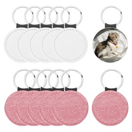 PATIKIL Sublimation Blank Keychains, 12 Pcs Round Keychain Blanks Bulk PU Leather Heat Transfer Key Chains for DIY Craft, Glitter Pink
