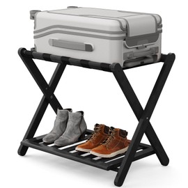 Fully Assembled Luggage Rack, 5 Nylon Straps Folding Suitcase Stand, Heavy Duty 200lbs Capacity, Large Luggage Holder for Bedroom, Guest Room, Hotel，Black