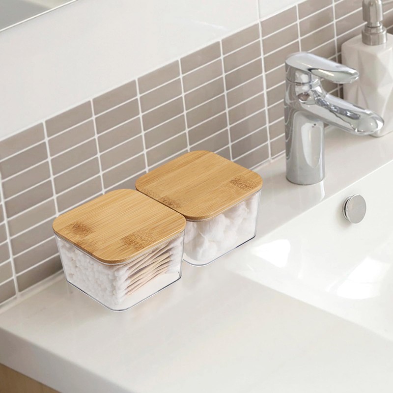2 Packs Square Q Tip Holder with Lid Clear Plastic