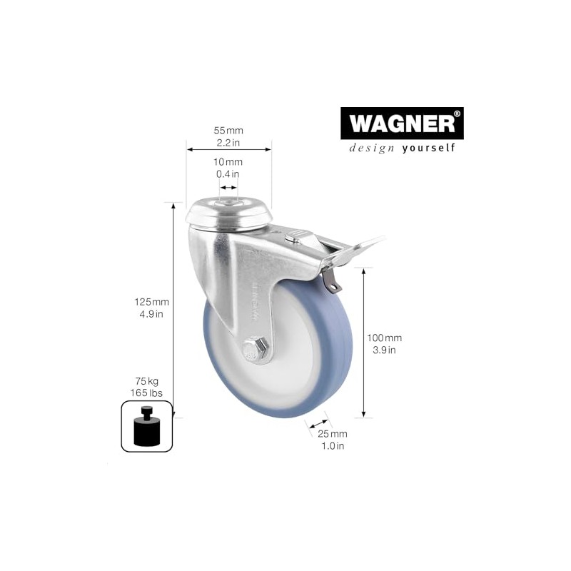 WAGNER Soft swivel castor with back hole, diameter 100 mm,