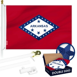 UD_G128 Combo Pack: 6 Ft Tangle Free Aluminum Spinning Flagpole (White) & Arkansas AR State Flag 3x5 Ft, Double ToughWeave Serie