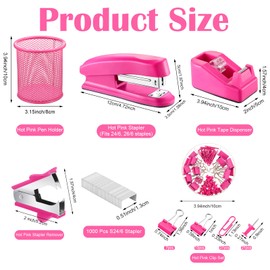 14 in 1 Hot Pink Office Supplies, Hot Pink Desk Accessories for Women with Pink Stapler,Pink Tape Dispenser,1000 Staples,Pen Holder,Staple Remover,Clips,Ruler,Scissors, Sticky Note,Tape,Ballpoint Pen