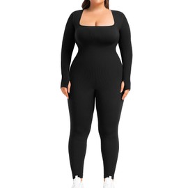 BLEVONH Women's Yoga Jumpsuits Ribbed Workout Rompers Square Neck Long Sleeve Bodysuits Full Length Plus size Black 2XL