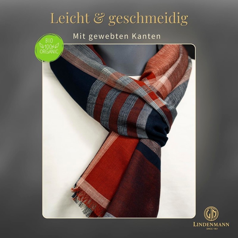 LINDENMANN Men's Scarf Light 100% Organic Cotton Red, red, Unit