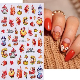 Fall Nail Art Stickers Decals Autumn Maple Leaf Nail Stickers 6PCS 3D Self-Adhesive Fall Leaf Plant Pumpkin Squirrel Thanksgiving Nail Designs Manicure Decal Accessories for Women Nail Art Decorations
