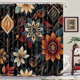 BSRAMZ Boho Floral Shower Curtain, Black Abstract Bohemian Flowers Botanical Leaf Bathroom Curtain, Vintage Mid Century Modern Waterproof Fabric Bathroom Bath Curtain with Hooks 70X84 inches