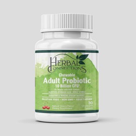 Herbal Connections Adult Probiotic 10 Billion CFU Chewable – 21-Strain Digestive & Immune Support, Kefir Prebiotic Blend, Shelf-Stable Vegan Cherry Tablets, 60 Count