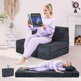 HILERO Folding Sofa Bed, 4 in 1 Convertible Sleeper Chair with Pillow, Twin Memory Foam Fold Out Chair Bed, Modern Floor Futon Sofa Couch Mattress for Living Room/Guest/Apartment, Dark Grey