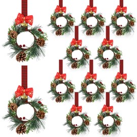 Zeyune 12 Pcs Christmas Kitchen Cabinet Wreaths with Plaid Bow Ribbon Hanging Cabinet Doors Wreaths Decorative for Kitchen Window Outdoor Indoor Holiday Decor, 14.96 x 7.87'' (Cute Style)