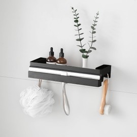 Womamny No Drilling Stainless Steel Bathroom Shelf with Hooks - Waterproof Wall Shelf for Shower Gel, Shampoo & Towel - Rustproof Shower Organiser with 5 kg Load Capacity - Black