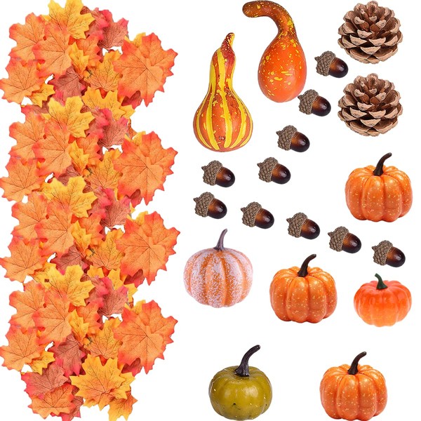 HONGECB Artificial Pumpkins, Autumn Decorations, Fake Pumpkins, Maple Leaf Decoration Set, Halloween Pumpkin Decoration, Thanksgiving Decoration Set, Mini Fake Harvest Pumpkins, Pack of 50