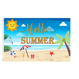 Hello Summer Flag 3x5 Ft Hello Sunshine Beach Decorations Banner Flag Holiday Party Canvas Header Polyester Outdoor Decor with Brass Grommets