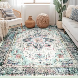 BESTSWEETIE 5x7 Area Rug Washable Rugs for Living Room, No Pile Boho Carpet for Entryway Bedroom Dinning Room, Vintage Carpet Print Distressed Non-Slip, 5 x 7 ft, Multi Navy Teal
