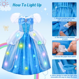 Meland Princess Dress Up for Girls, Light Up Princess Costume with Braid & Carry Bag, Gift for Toddler Kids Age 3-10